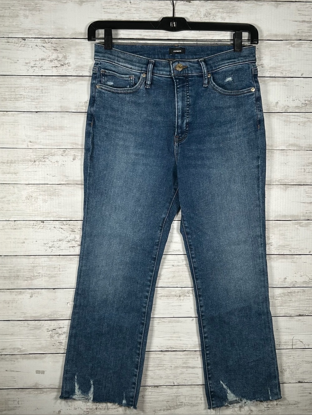 Express High-Rise Medium Blue Denim Jeans Cropped Flare Raw Hem Size 10 NEW